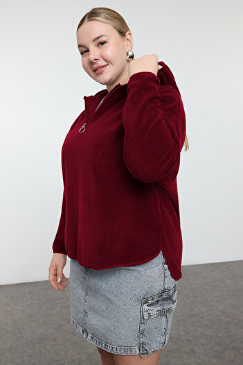 Trendyol Curve Dark Cherry Thick Fleece Hooded Oversize/Loose Fit Plus Size Sweatshirt Tbbaw25Ao00030