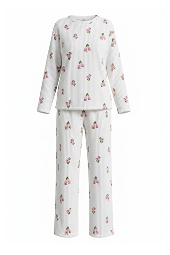 Trendyol Collection White Floral Soft Tuşe Ribbed Knitted Pajama Set Thmaw26Pt00218