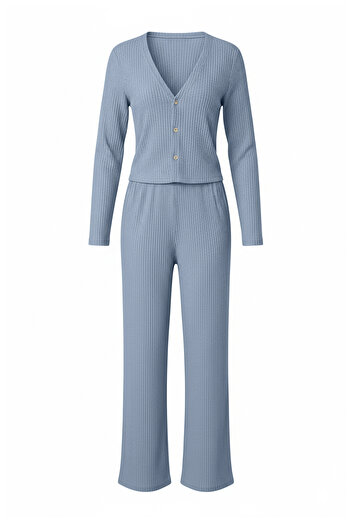 Trendyol Collection Set de pijamale tricotate cu carduri de iarnă, cu carduri albastre, cu perie moale, THMAW26PT00216
