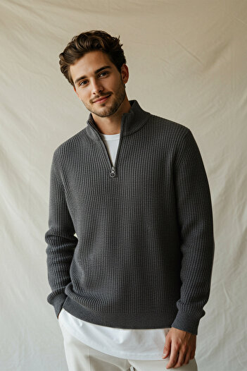 Trendyol Collection Dark Grey Casual Regular Fit Couple/Double Half Turtleneck Zip-Up Sweater Tmnaw22Kz1908