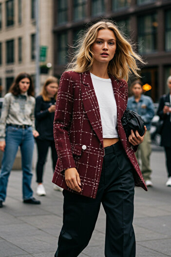 Trendyol Collection Claret Red Oversize Woven Plaid Blazer Jacket TWOAW21CE0105