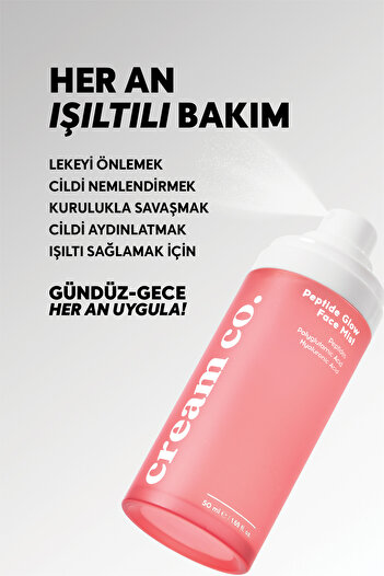 Cream Co. Nemlendirici Aydınlatıcı Yüz Spreyi | Peptit Face Mist | Ektoin Hyaluronik Asit | Tüm Cilt Tipleri