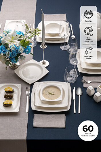 Emsan Fine Bone Zencerek 60 Parça 12 Kişilik Yemek Takımı Kare