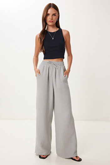 Happiness İstanbul Women's Gray Muslin Palazzo Pants Mx00160