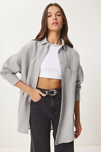 Happiness İstanbul Women's Gray Oversize Basic Muslin Shirt Mx00150