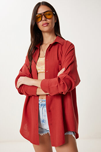 Happiness İstanbul Women's Tile Oversize Basic Muslin Shirt Mx00150