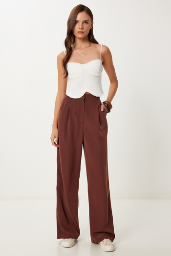 Happiness İstanbul Women's Brown Flowy Ayrobin Palazzo Pants Rv00112