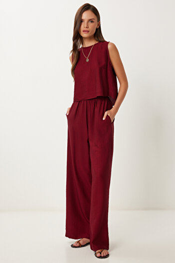 Happiness İstanbul Women's Burgundy Tie Detail Blouse Pants Set Lrv0104