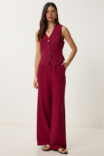 Happiness İstanbul Women's Cherry Linen Vest Pants Set Lrv0106