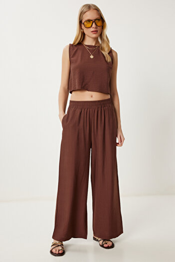 Happiness İstanbul Women's Brown Tie Detail Blouse Pants Set Lrv0104