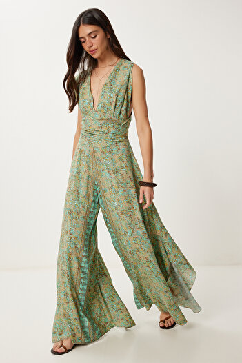 Happiness İstanbul Women's Beige Green Patterned Halter Neck Viscose Jumpsuit Lfg0009