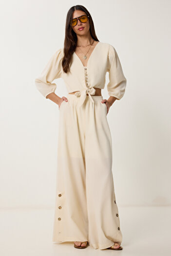Happiness İstanbul Women's Cream Linen Crop Blouse Pants Set Lrv0107