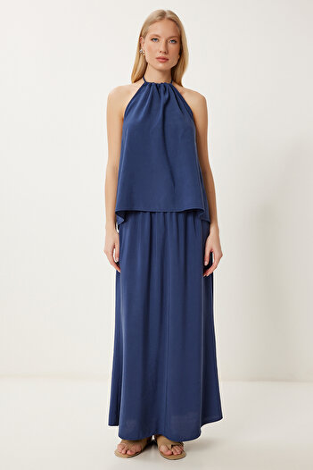 Happiness İstanbul Damen-Set aus modalem blauen Blusen und Rock LHL0006