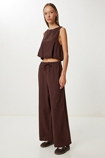 Happiness İstanbul Women's Brown Linen Culotte Pants Blouse Set Lrv0116