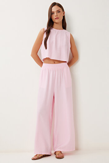 Happiness İstanbul Women's Candy Pink Tie Detail Blouse Pants Set Lrv0104