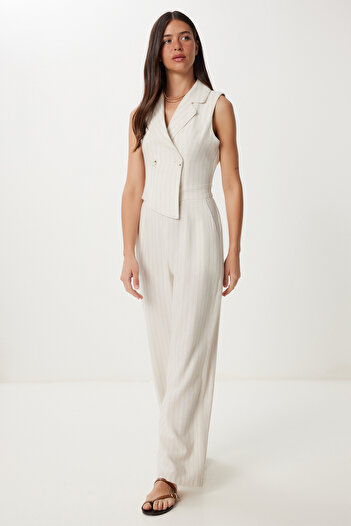 Happiness İstanbul Women's Cream Bone Wrap Neck Striped Linen Jumpsuit Lrv0112