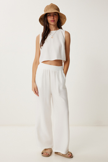 Happiness İstanbul Women's Ecru Tie Detail Blouse Pants Set Lrv0104