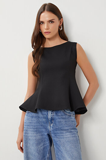 Happiness İstanbul Women's Black Sleeveless Peplum Interlock Blouse Lan0058
