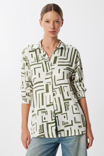 Happiness İstanbul Women's Bone Khaki Patterned Oversize Satin Surface Shirt Lmx0113