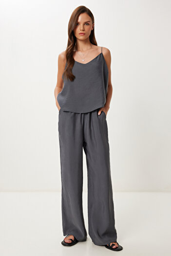 Happiness İstanbul Women's Anthracite Strappy Modal Blouse Pants Set Lrv0108
