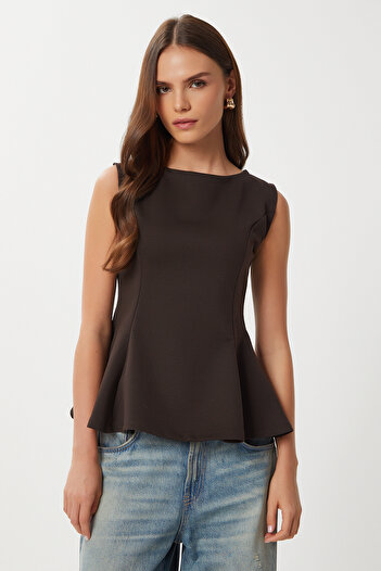 Happiness İstanbul Women's Brown Sleeveless Peplum Interlock Blouse Lan0058