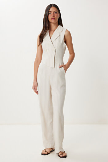 Happiness İstanbul Women's Cream Bone Wrap Neck Striped Linen Jumpsuit Lrv0112
