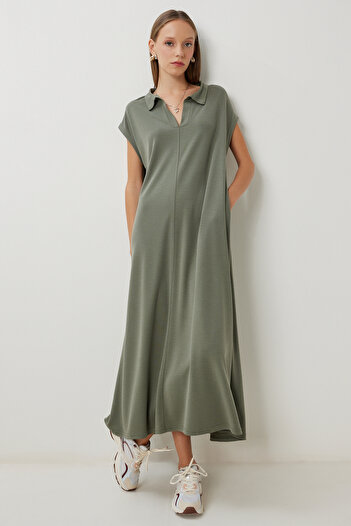 Happiness İstanbul Women's Khaki Polo Neck Pocket Modal Dress Ldz0038