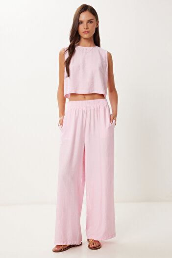 Happiness İstanbul Women's Candy Pink Tie Detail Blouse Pants Set Lrv0104