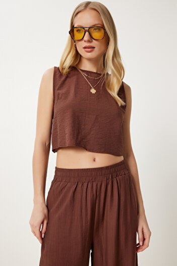 Happiness İstanbul Women's Brown Tie Detail Blouse Pants Set Lrv0104