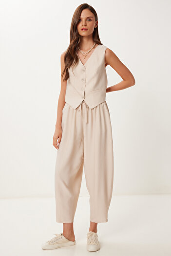 Happiness İstanbul Women's Cream Crinkle Vest Baggy Pants Set Lrv0109