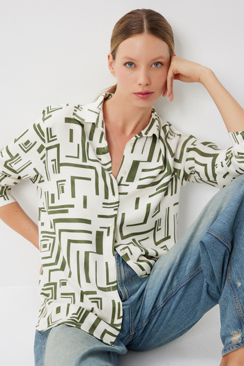 Happiness İstanbul Women's Bone Khaki Patterned Oversize Satin Surface Shirt Lmx0113