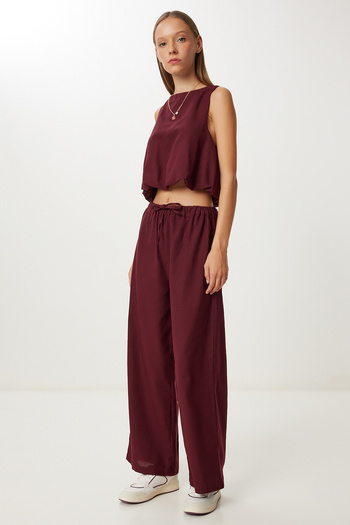 Happiness İstanbul Women's Burgundy Linen Culotte Pants Blouse Set Lrv0116