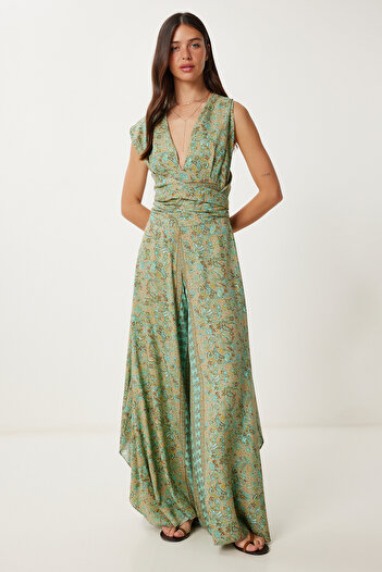 Happiness İstanbul Women's Beige Green Patterned Halter Neck Viscose Jumpsuit Lfg0009
