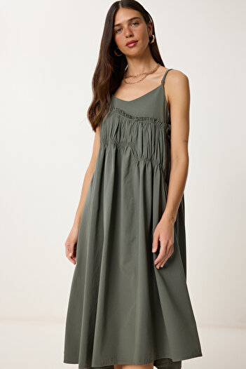 Happiness İstanbul Women's Khaki Strap Summer Woven Dress Lrc0002