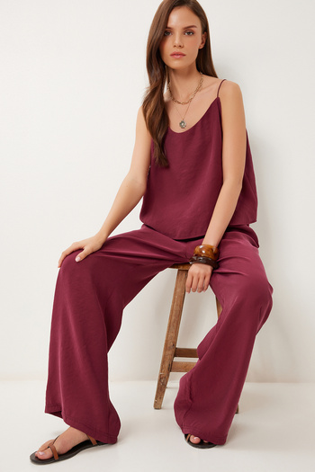 Happiness İstanbul Women's Cherry Strap Modal Blouse Pants Set Lrv0108