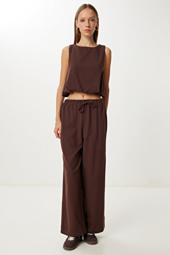 Happiness İstanbul Women's Brown Linen Culotte Pants Blouse Set Lrv0116