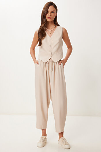 Happiness İstanbul Women's Cream Crinkle Vest Baggy Pants Set Lrv0109