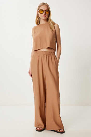 Happiness İstanbul Women's Camel Tie Detail Blouse Pants Set Lrv0104