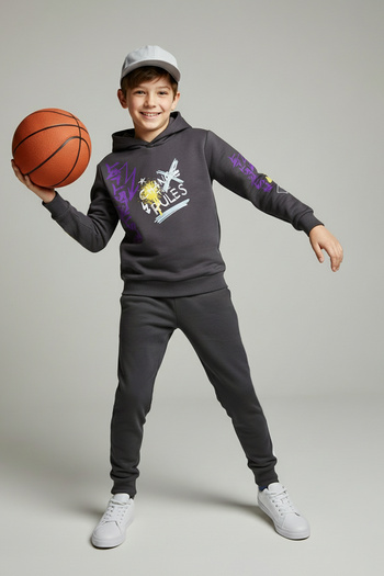 TRENDYOLKIDS Anthracite Cotton Hooded Thick/Inside Fleece Oversize Boys Knitted Bottom-Top Set Tkdaw26Au00031