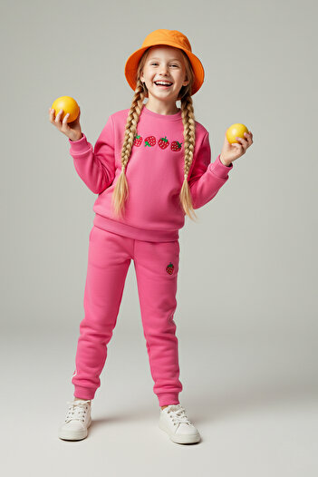 TRENDYOLKIDS Dark Pink Printed Crew Neck Regular Girl's Knitted Bottom - Top Set Tkdaw26Au00045