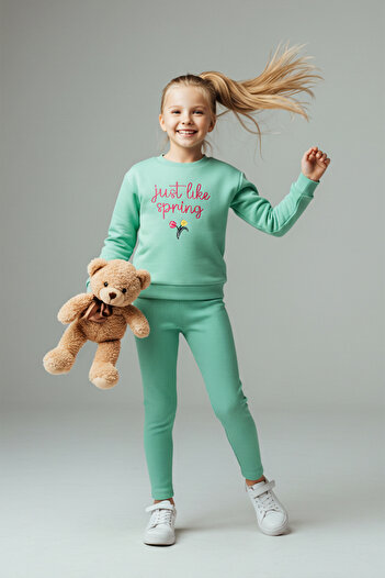 TRENDYOLKIDS Mint Printed Regular Girls' Knitted Bottom - Top Set Tkdaw26Au00053