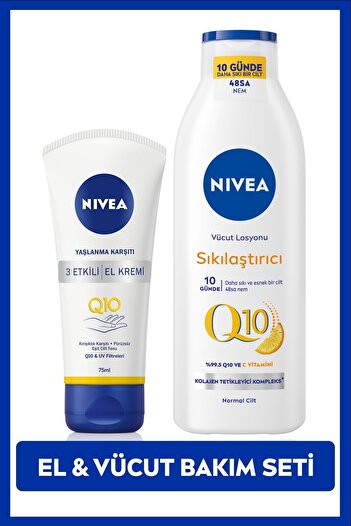 NIVEA Q10 Ve C Vitamini Sıkılaştırıcı Vücut Losyonu 250ml Ve Yaşlanma Karşıtı El Kremi 75ml