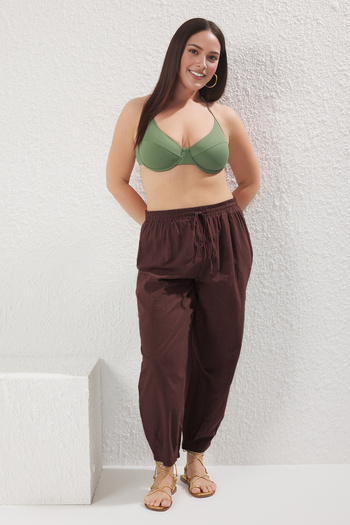 Trendyol Curve Brown with a Ribbon High Waist Carrot/Baggy Beach Wear Plus Size Pants Tbbss25Ar00001