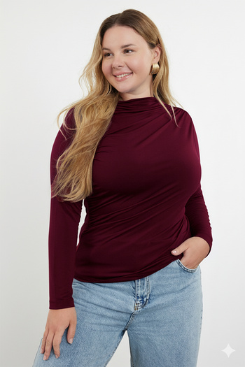 Trendyol Curve Burgundy Stand Collar Gather Detail Body Fitting Knitted Plus Size Blouse Tbbaw25Af00014
