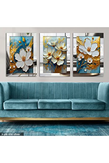 Evinemoda Floare albă, fundal albastru, 3 piese, plexiglas argintiu, pictură în oglindă