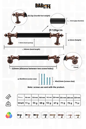 bablife Rome 320mm Black - Antique Copper Luxury Modern Drawer Cabinet Wardrobe Furniture Handles
