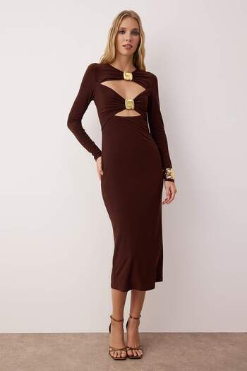 Trendyol Collection Brown Plain Accessory Detail Knitted Sandy Midi Unlined Cocktail Dress Tpraw26El00011