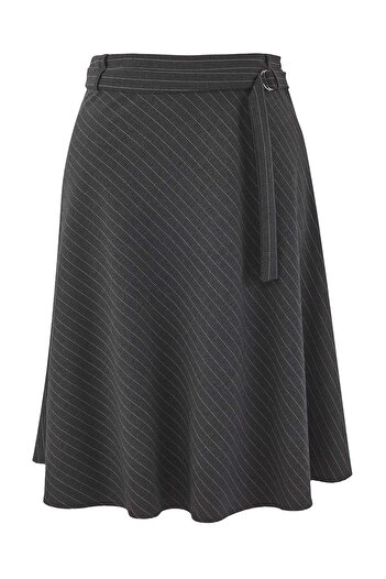 Trendyol Curve Anthracite Belt Detailed Striped Midi Woven Plus Size Skirt Tbbaw26Az00032