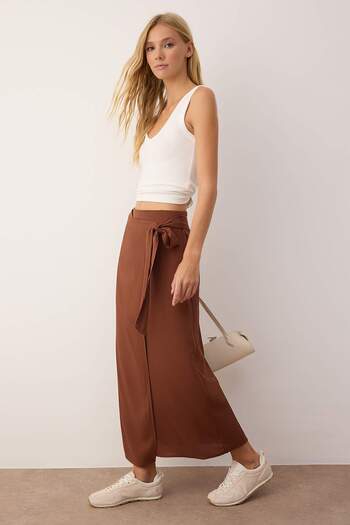 Trendyol Collection Sustainable Brown Tie-Up Double-Breasted Closure Viscose Fabric Maxi Length Woven Skirt Twoss24Et00006