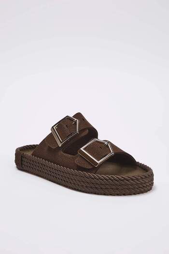 TRENDYOL SHOES Brown Double Striped Gold Antique Buckle Women's Thick Sole Slippers Takss25Sd00073